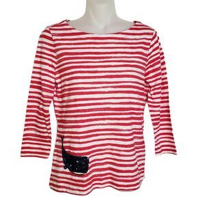 Talbots Womens Top Size P Petites Red White Striped 3/4 Sleeve Sequin Whale